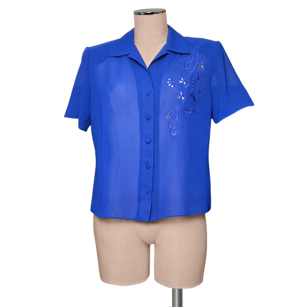 STUDIO I PETITE Vintage 90's 80's Blue Eyelet Embroidered Blouse Top 10P